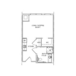 Architectural floor plan of a studio unit