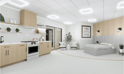 Modern interior of a resident's room with kitchen area
