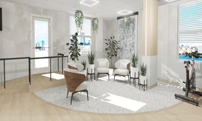 Modern lounge area with seating and greenery