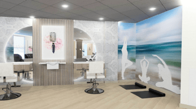 Interior view of a salon area with yoga elements