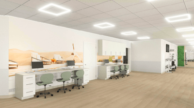 Bright activity room with modern decor and furniture