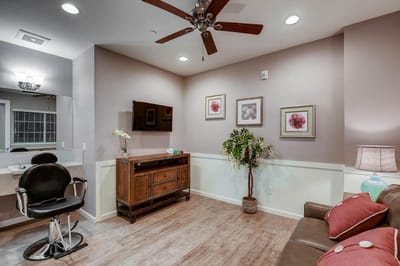 A cozy interior waiting area with comfortable seating