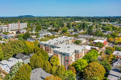 Aerial view of Sellwood Senior Living building and surroundings