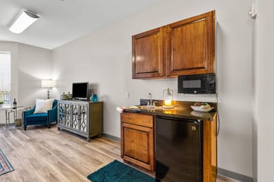 Interior view of a senior living kitchenette area