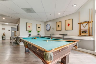 Interior game room with a billiard table