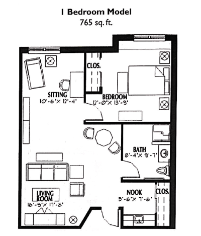 Architectural floor plan of a one-bedroom model
