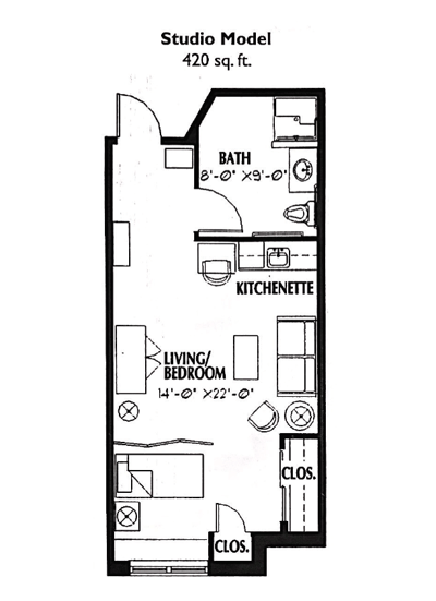 Architectural floor plan of a studio model