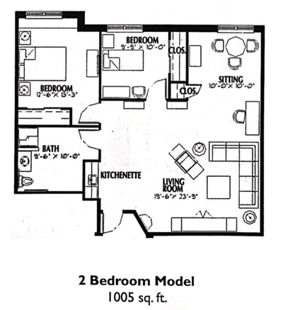 Architectural floor plan of a two-bedroom model