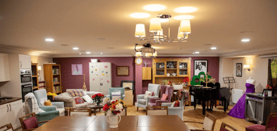 A common area with seating and decor in a facility