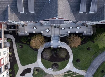 Aerial view of the GreenFields of Geneva outdoor spaces.