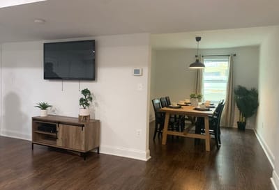 Bright dining area with a table set for meals