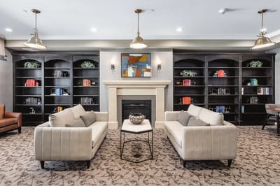 Cozy lounge area with bookshelves and seating