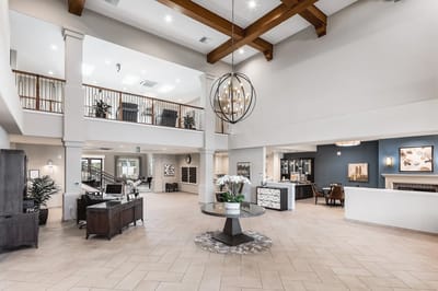 Modern lobby area with elegant seating and decor