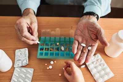 Senior resident receiving medication assistance
