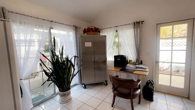A bright room with a desk and potted plants