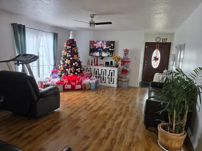 Cozy common area decorated for the holidays