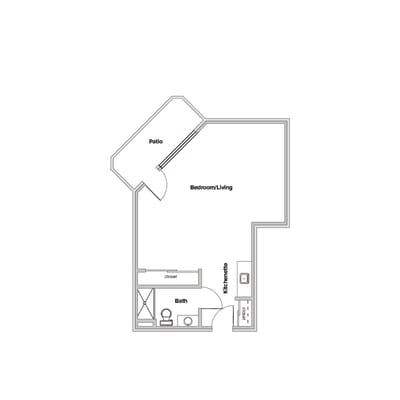 Architectural floor plan showing a bedroom and patio layout