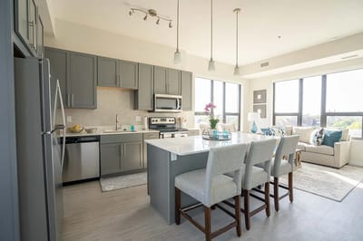 Modern kitchen and living area in a resident unit