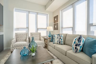 Brightly decorated lounge area with comfortable seating