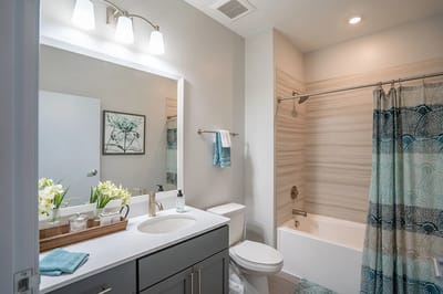 A well-lit bathroom with modern fixtures and decor