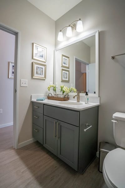 Brightly lit bathroom with modern fixtures