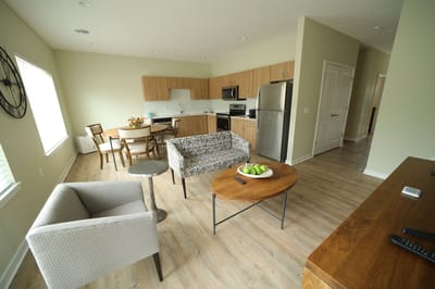 Bright, furnished interior of a resident's living space