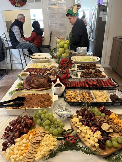 A festive dining table with a wide variety of food