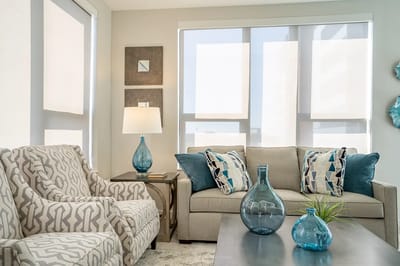 Bright interior seating area with decorative elements