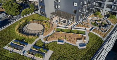 An aerial view of the facility's outdoor space and garden area