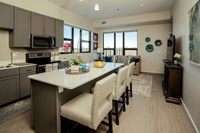 Modern community living space with kitchen and seating area