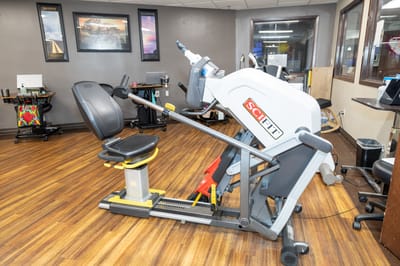 Rehabilitation equipment in a senior care facility gym