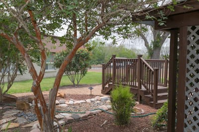 A landscaped outdoor space with a wooden deck and garden