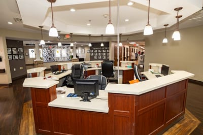 Interior reception area with desks and seating