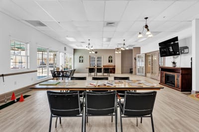Interior of a common area with tables and seating