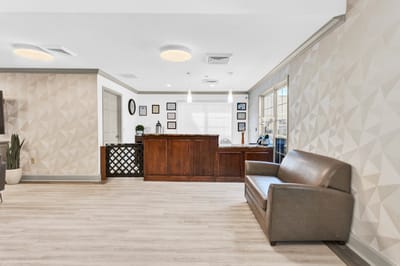 Bright reception area with a modern design.