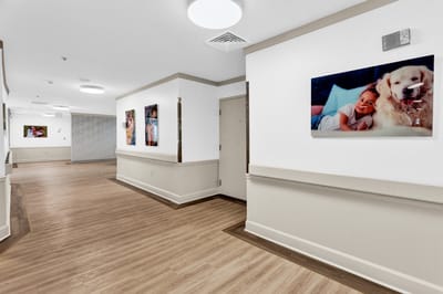 Bright interior hallway with pet and resident photos