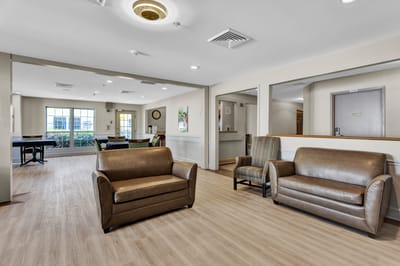 Common area with seating in a senior living facility