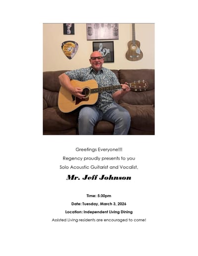 Resident performing music during an event in the dining area