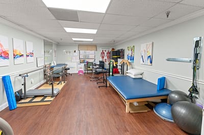 Interior view of a therapy room with equipment