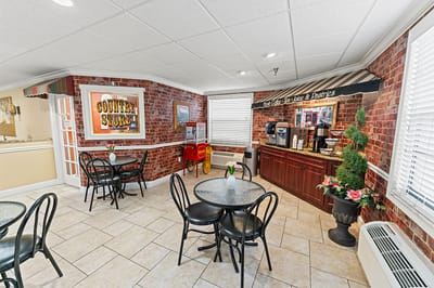 Cozy dining area with coffee station and seating