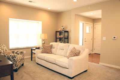 Bright interior of a living room with beige walls