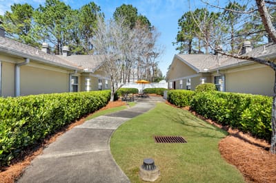 Beautifully landscaped outdoor area with seating