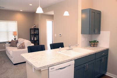 Bright and modern kitchen and living area in a senior apartment