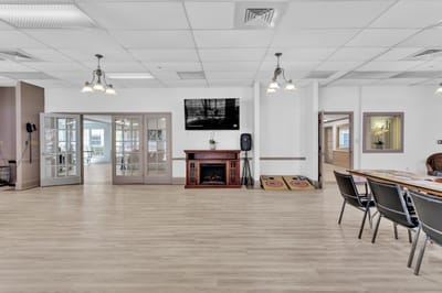 Interior view of a common area with seating and decor