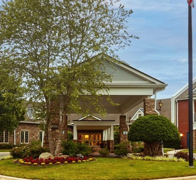 Front entrance of Pennybyrn facility with landscaping