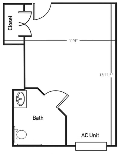 Floor plan of a resident room with bath and closet