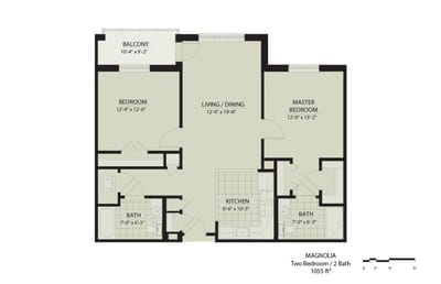 Architectural floor plan of a two-bedroom apartment