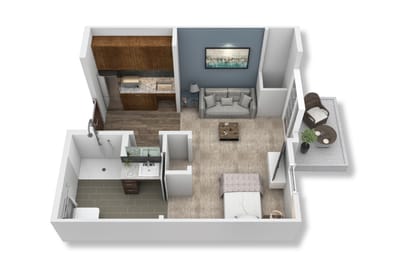 Stylized layout of a one-bedroom apartment in a senior living facility