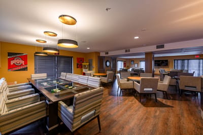 Interior view of a common area with seating