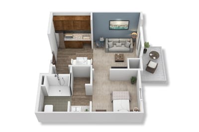 Stylized floor plan of a senior living unit with furniture layout